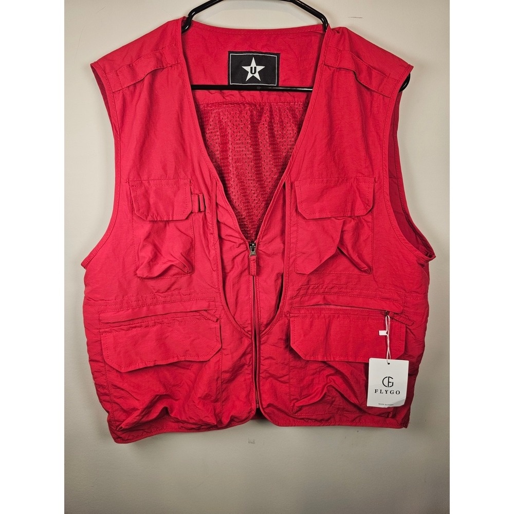 Flygo Mens Red Utility Fishing Vest Multi-Pocket Mesh Lining Gilet Size M NEW